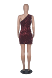 Burgundy Sexy Patchwork Sequins One Shoulder Pencil Skirt Dresses