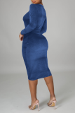Blue Sexy Solid Hollowed Out O Neck Pencil Skirt Dresses