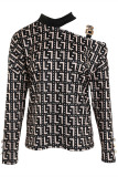 Black Apricot Casual Print Lace Hollowed Out Turtleneck Tops