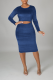 Blue Sexy Solid Hollowed Out O Neck Pencil Skirt Dresses