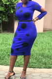 Blue Sexy Print Polka Dot Hollowed Out Patchwork U Neck Pencil Skirt Dresses