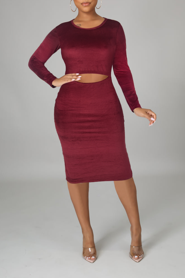 Burgundy Sexy Solid Hollowed Out O Neck Pencil Skirt Dresses