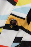 Khaki Fashion Casual Print Patchwork Buckle Turndown Collar Tops
