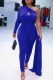 Blue Elegant Print Letter One Shoulder Jumpsuits