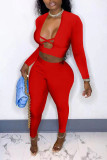 Pink Sexy Solid Patchwork V Neck Long Sleeve Two Pieces