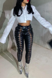 Black Sexy Solid Hollowed Out Skinny High Waist Pencil Solid Color Bottoms