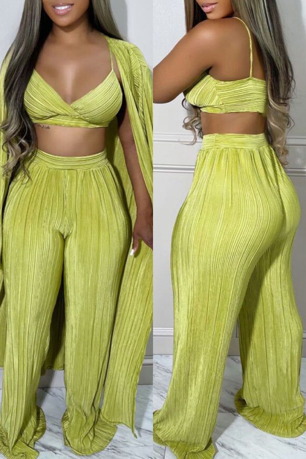 Green Yellow Sexy Casual Solid Patchwork V Neck Long Sleeve Three-piece Set