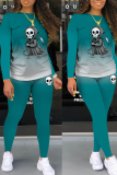 Light Green Party Print Skull O Neck Long Sleeve Two Pieces