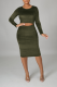 Army Green Sexy Solid Hollowed Out O Neck Pencil Skirt Dresses