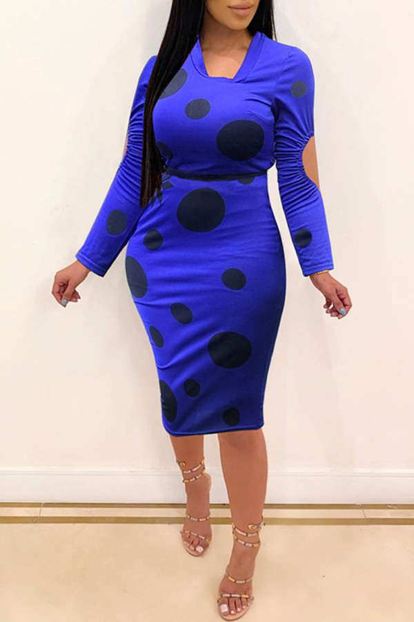 Blue Sexy Print Polka Dot Hollowed Out Patchwork U Neck Pencil Skirt Dresses