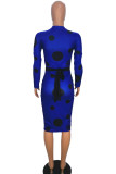 Blue Sexy Print Polka Dot Hollowed Out Patchwork U Neck Pencil Skirt Dresses