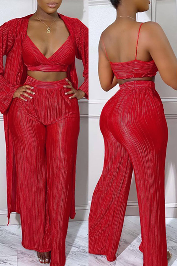 Red Sexy Casual Solid Patchwork V Neck Long Sleeve Three-piece Set
