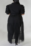 Black Casual Plus Size Solid Patchwork Shirt Collar Shirt Dress