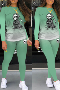 Light Green Party Print Skull O Neck Long Sleeve Two Pieces