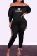 Black Sexy Print Letter Off the Shoulder Long Sleeve Two Pieces