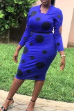 Blue Sexy Print Polka Dot Hollowed Out Patchwork U Neck Pencil Skirt Dresses