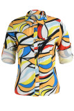 White Fashion Casual Print Patchwork Buckle Turndown Collar Tops