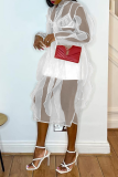 Pink Casual Solid See-through Flounce Half A Turtleneck Straight Dresses