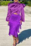 Red Elegant Solid Tassel Patchwork Turtleneck Long Sleeve Two Pieces
