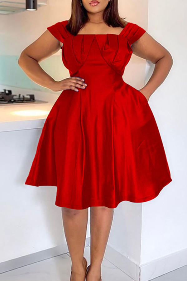 Red Casual Solid Patchwork Square Collar A Line Dresses