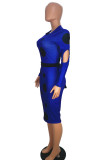 Blue Sexy Print Polka Dot Hollowed Out Patchwork U Neck Pencil Skirt Dresses