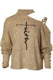 Khaki Casual Print Hollowed Out Turtleneck Tops