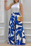 Blue Sexy Casual Patchwork Print Bandage Backless Oblique Collar Regular Jumpsuits
