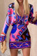 Rose Red Blue Casual Print Patchwork Buckle Turndown Collar Long Sleeve Two Pieces
