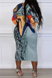 Blue Purple Casual Print Patchwork V Neck Pencil Skirt Plus Size Dresses