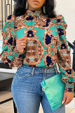 Cyan Casual Print Bandage Patchwork Half A Turtleneck Tops