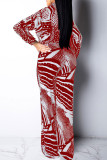 Orange Casual Print Bandage Patchwork V Neck Long Sleeve Two Pieces