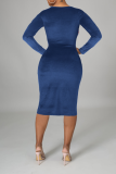 Blue Sexy Solid Hollowed Out O Neck Pencil Skirt Dresses