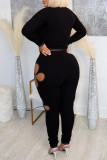 Black Sexy Solid Hollowed Out Patchwork O Neck Long Sleeve Two Pieces