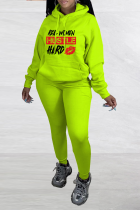 Fluorescent Green Casual Print Draw String Letter Hooded Collar Long Sleeve Two Pieces