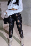 Black Sexy Solid Hollowed Out Skinny High Waist Pencil Solid Color Bottoms