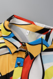 Colour Fashion Casual Print Patchwork Buckle Turndown Collar Tops