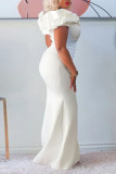 White Elegant Solid Patchwork Flounce Off the Shoulder Evening Dress Dresses