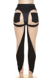 Blue Sexy Street Print Solid See-through Skinny Mid Waist Pencil Patchwork Bottoms