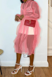 Pink Casual Solid See-through Flounce Half A Turtleneck Straight Dresses