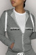 Grey Casual Print Letter Hooded Collar Tops