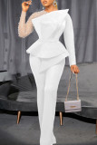 White Elegant Solid Patchwork Beading O Neck Jumpsuits