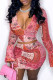 Red Sexy Casual Print Patchwork V Neck Long Sleeve Two Pieces
