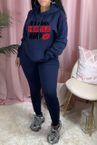 Navy Blue Casual Print Draw String Letter Hooded Collar Long Sleeve Two Pieces