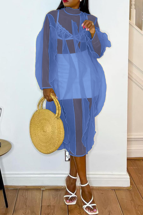 Light Blue Casual Solid See-through Flounce Half A Turtleneck Straight Dresses