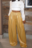 Yellow Casual Solid Patchwork High Waist Straight Solid Color Bottoms