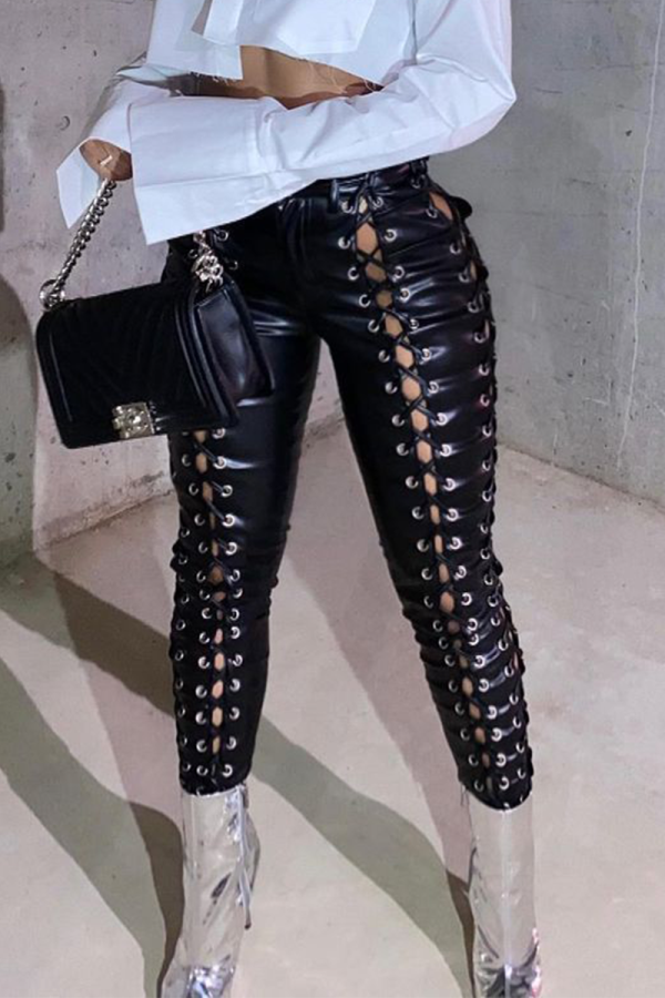 Black Sexy Solid Hollowed Out Skinny High Waist Pencil Solid Color Bottoms