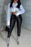 Black Sexy Solid Hollowed Out Skinny High Waist Pencil Solid Color Bottoms