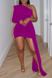 Purple Sexy Patchwork Sequins One Shoulder Irregular Dress Dresses