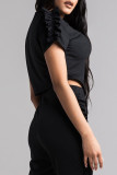 Rose Red Casual Solid Patchwork Stringy Selvedge O Neck Short Sleeve Two Pieces