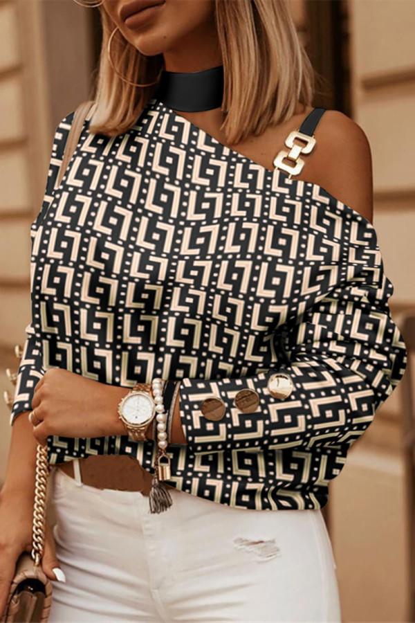Black Apricot Casual Print Lace Hollowed Out Turtleneck Tops